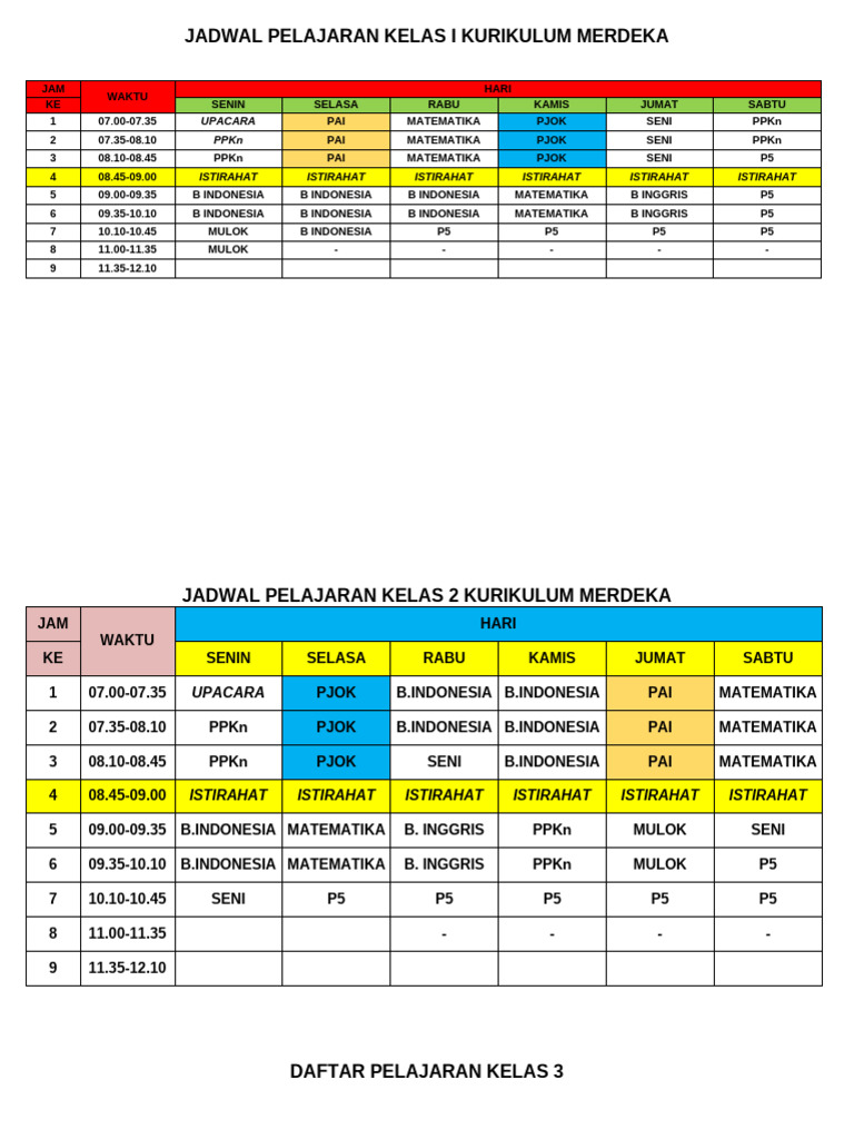 Roster Pelajaran Kurikulum Merdeka | PDF