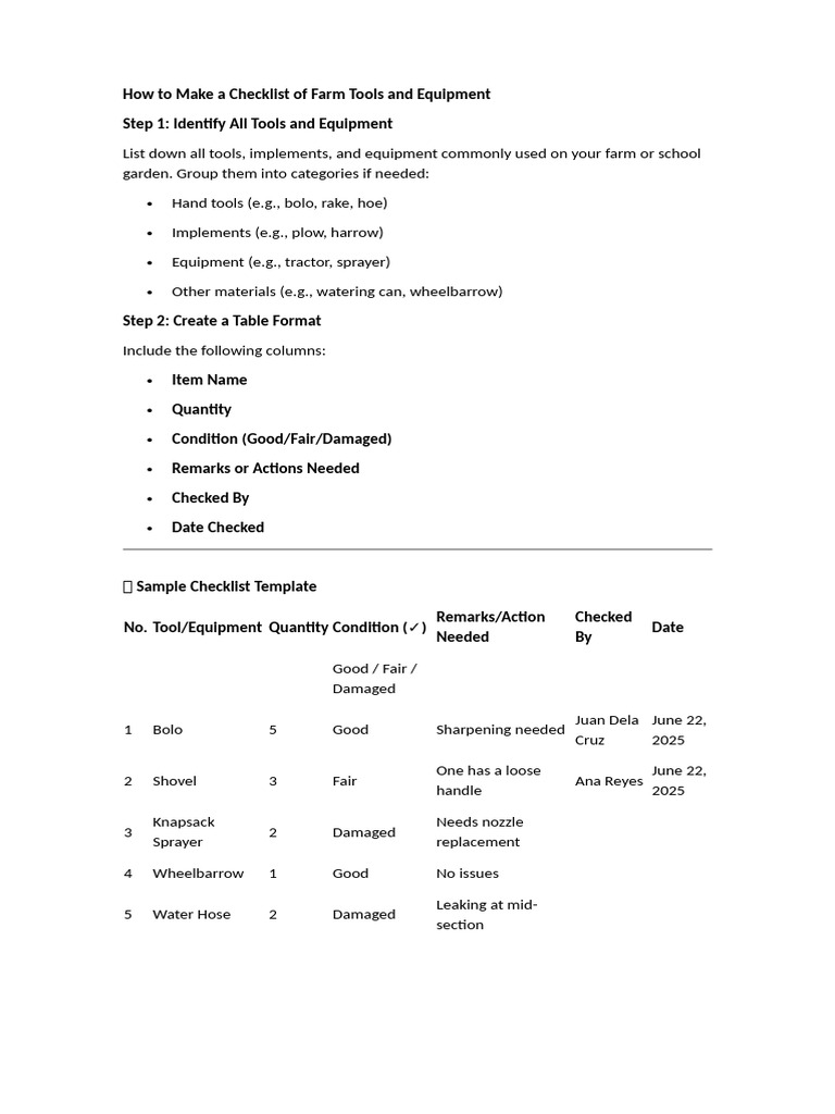 Checklist of Farm Tools and Equipment | PDF