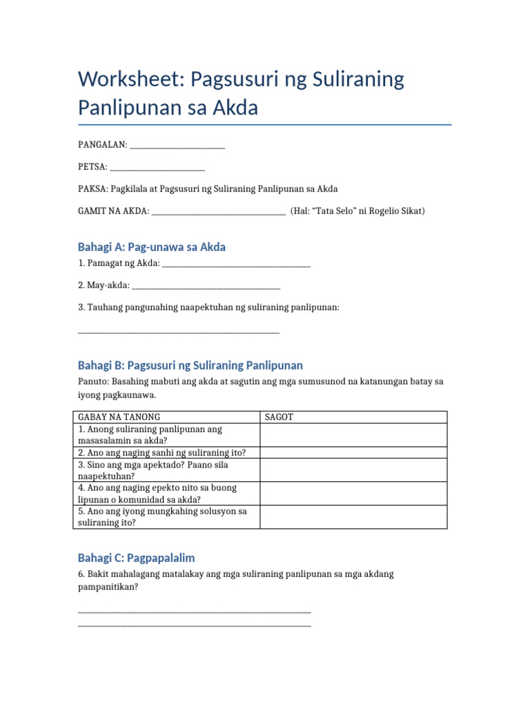 Worksheet Suliraning Panlipunan Akda | PDF