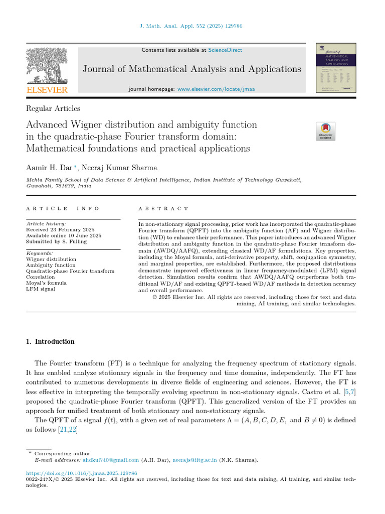 Advanced Wigner Distribution and Ambiguity Function in The Quadratic ...
