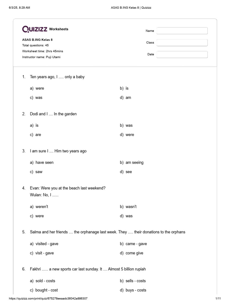 English Worksheets for Grade 8 Students | PDF