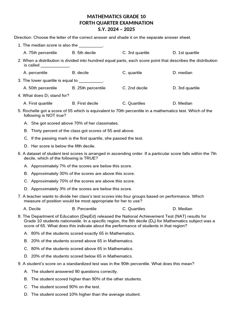 Grade 10 Mathematics Exam Review | PDF | Percentile | Quartile