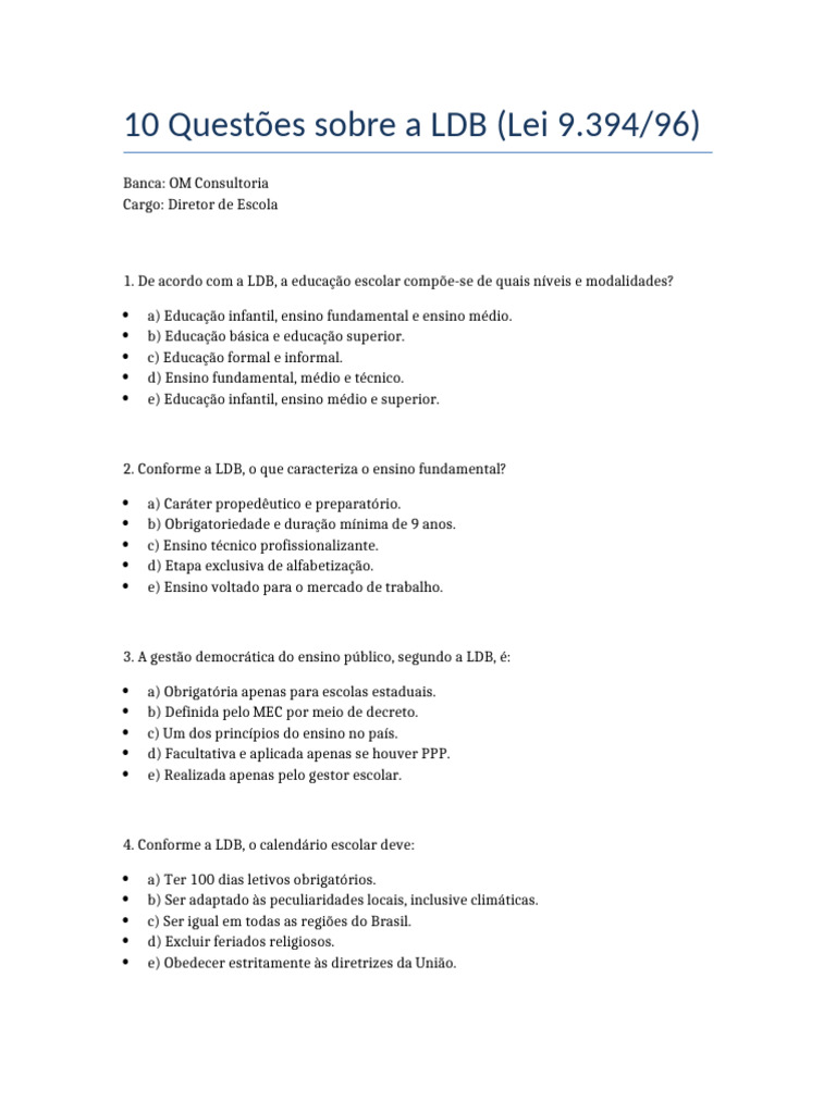 Questões sobre a LDB para Diretores | PDF | Pré-escola | Educação primária