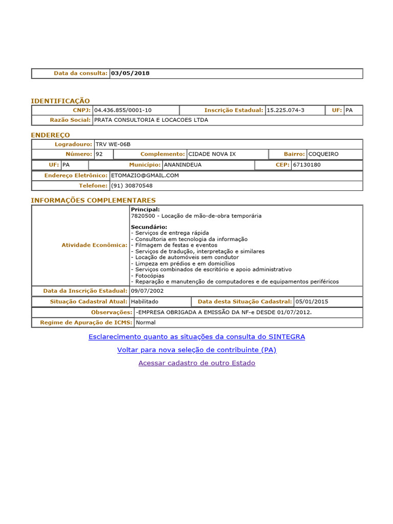 Consulta Sintegra PA: Prata Consultoria | PDF