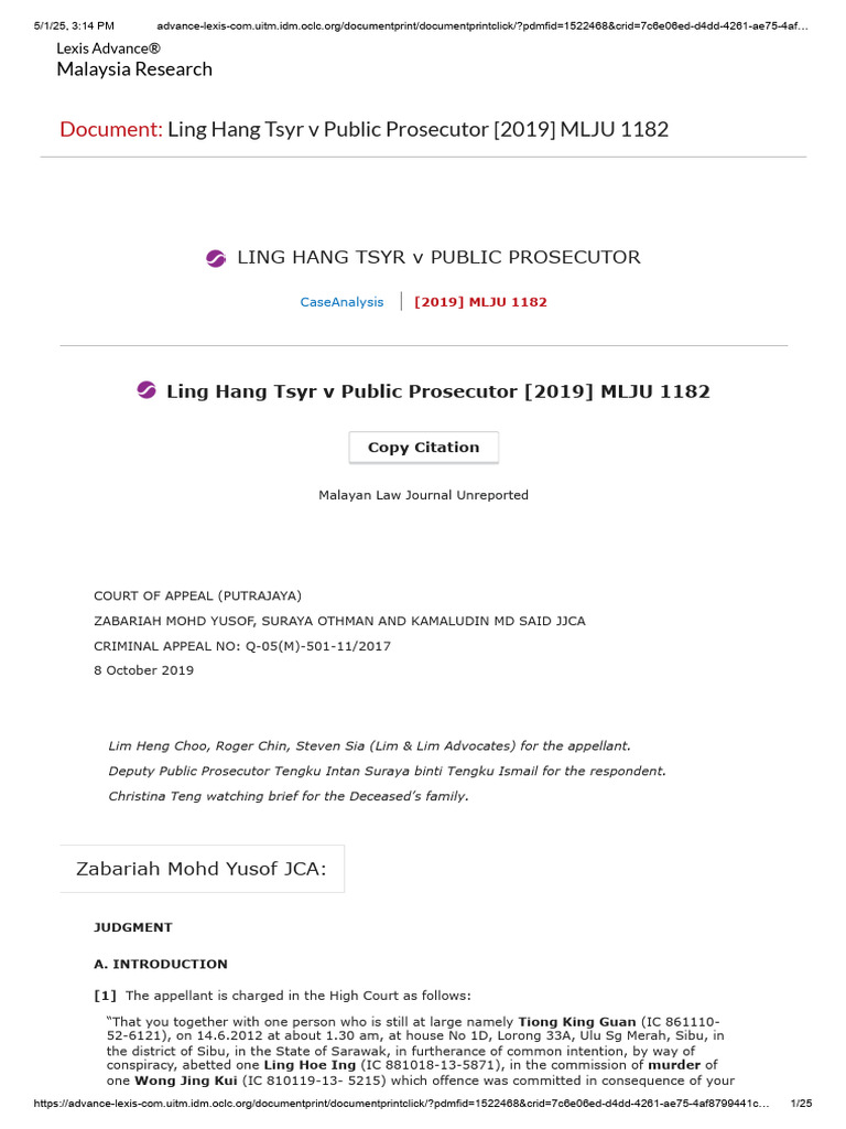 Ling Hang Tsyr V Public Prosecutor (2019) MLJU 1182 | PDF | Prosecutor ...