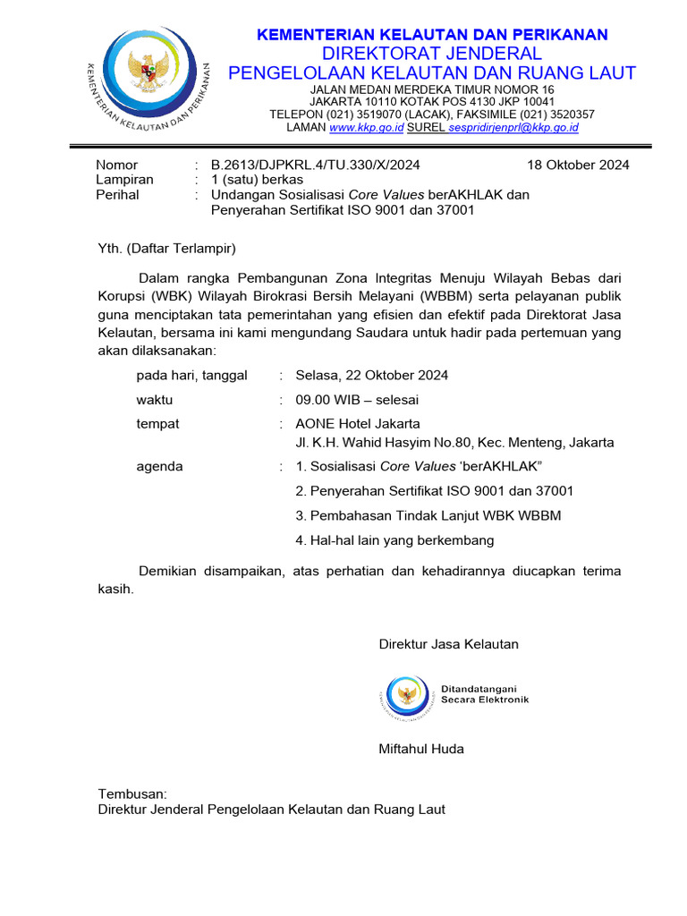Undangan Sosialisasi Core Values KKP | PDF