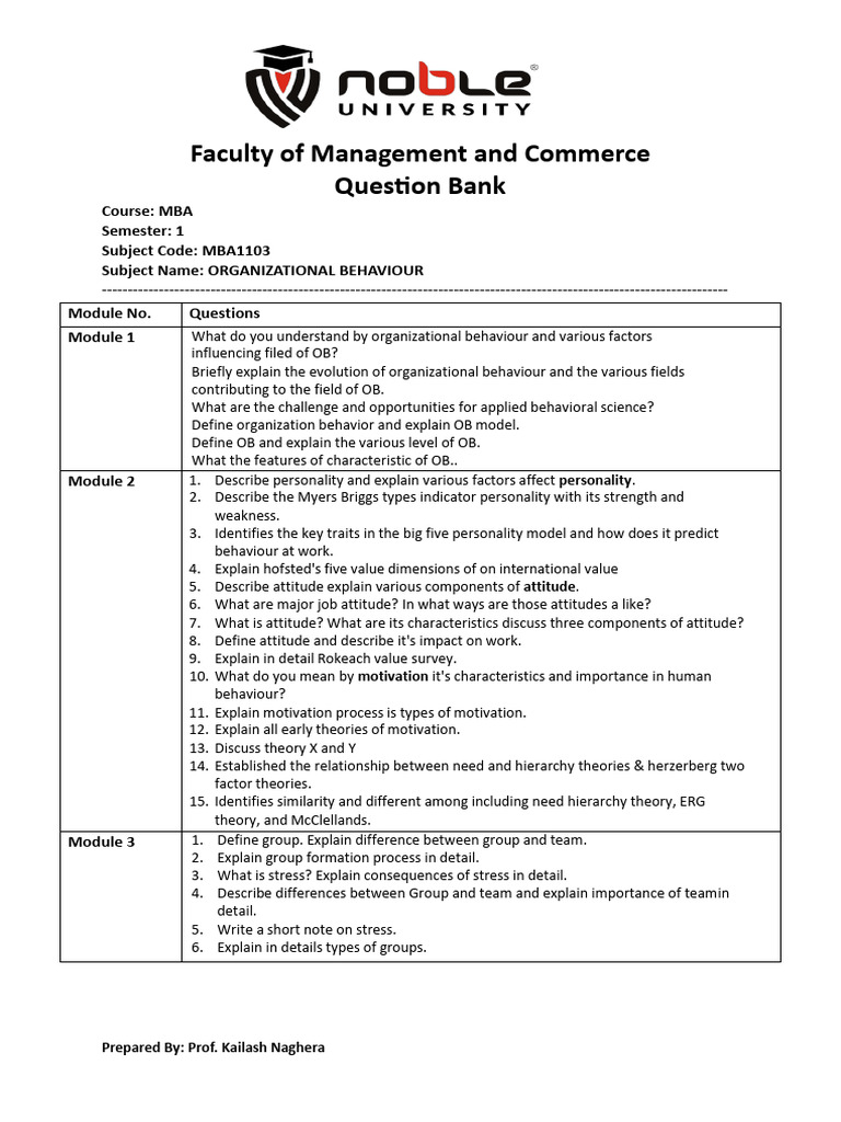 MBA Organizational Behaviour Question Bank | PDF | Attitude (Psychology ...