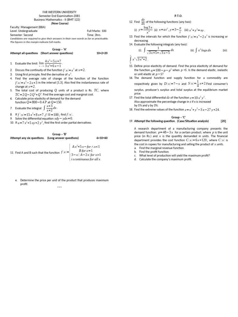 Business Mathematics - II (BMT 122) | PDF | Demand | Elasticity (Economics)