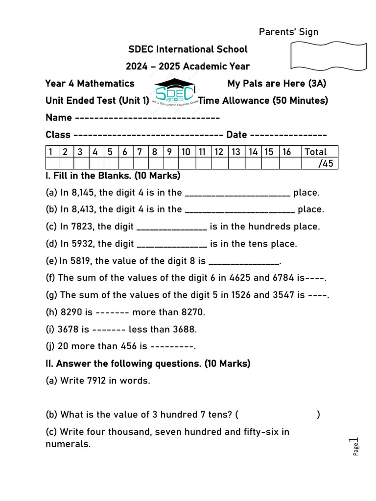 Year 4 Math Unit 1 Assessment | PDF