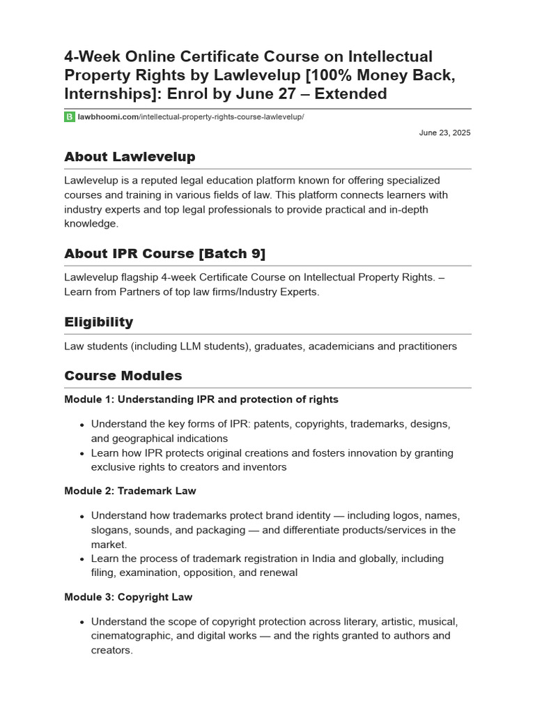 IPR Certificate Course by Lawlevelup | PDF | Intellectual Property ...