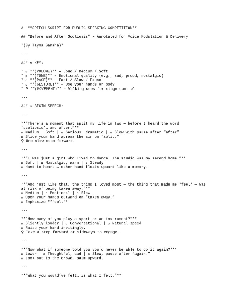 Scoliosis Speech Script for Competitions | PDF