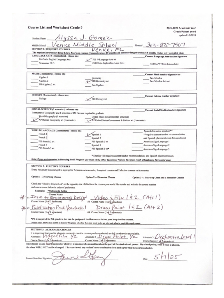 Course List and Worksheet Grade 9 | PDF