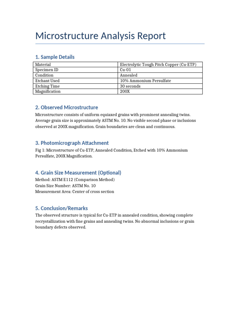 Cu-ETP Microstructure Analysis Report | PDF