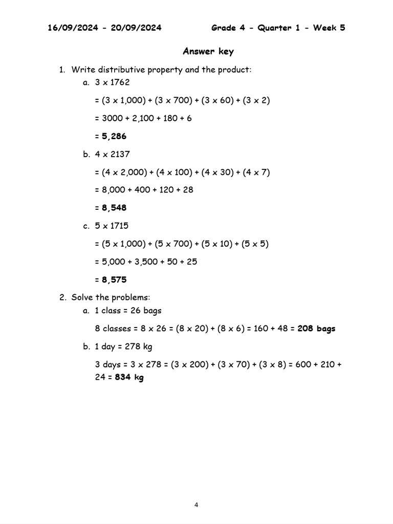 WS Answer Key - Grade 4 - Q1 - W5 - Math-1 | PDF