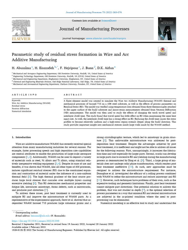 Parametric Study of Residual Stress Formation in Wire and Arc | PDF ...