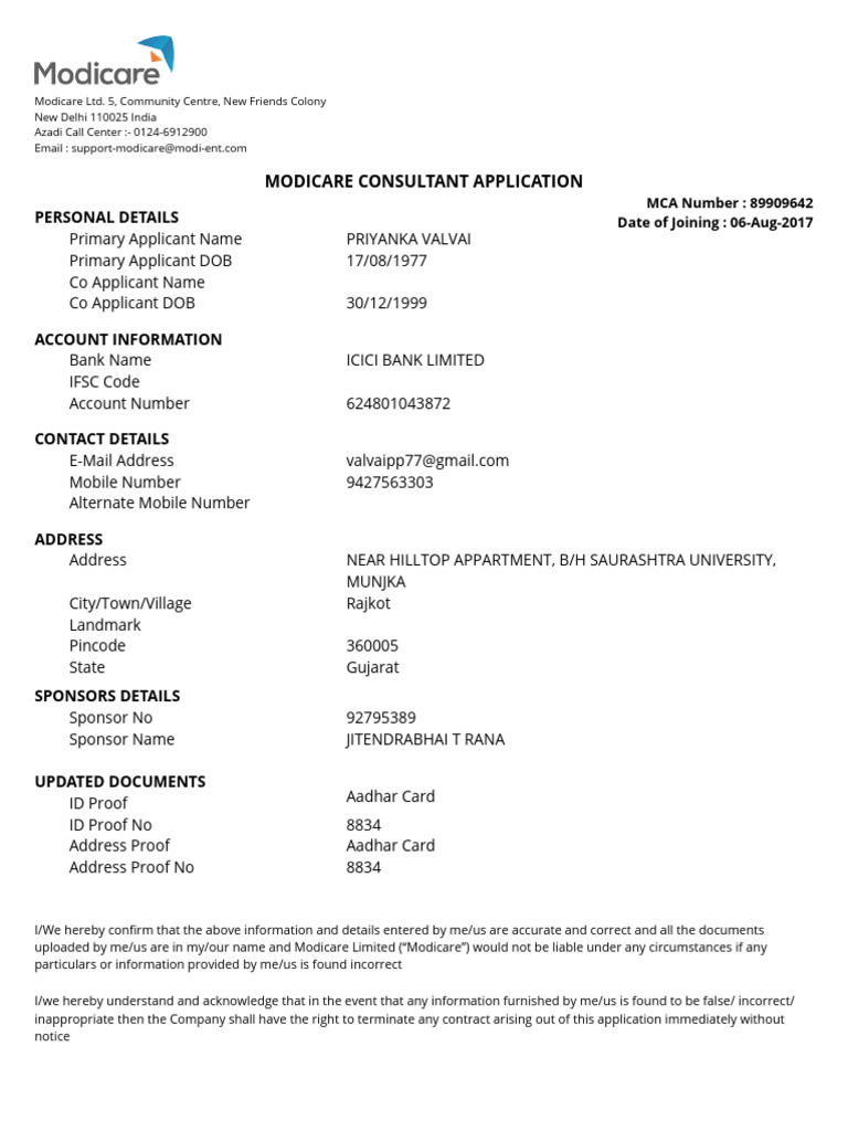 Modicare Consultant Application Form | PDF | Contractual Term | Private Law