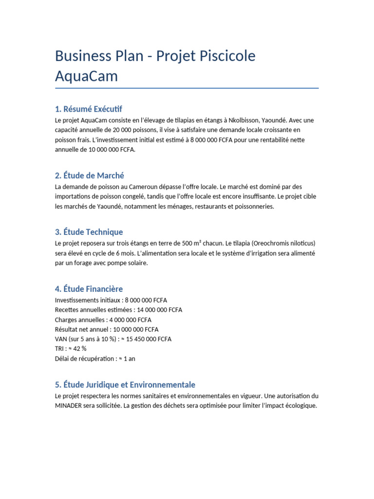 Business Plan pour Projet Piscicole | PDF