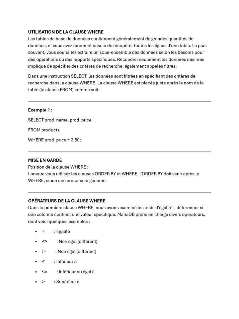 Utilisation de la clause WHERE en SQL | PDF