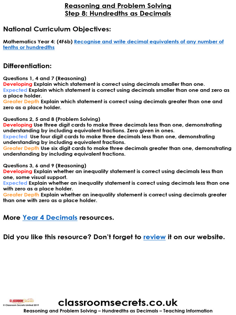 Decimals Less Than One: Year 4 Guide | PDF | Decimal | Numbers