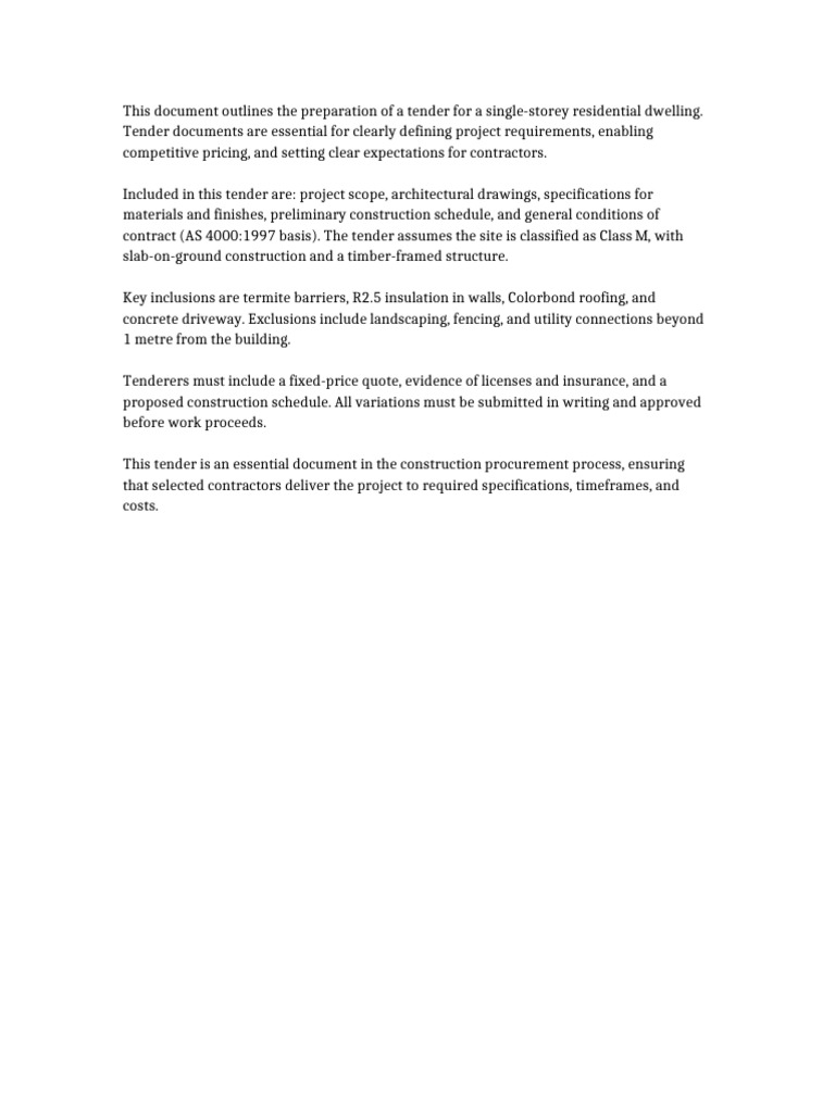 Residential Tender Documentation Preparation Assignment | PDF