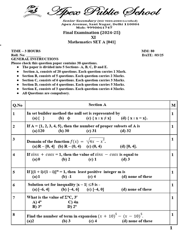 XI Maths Final Exam Set A - 2024-25 | PDF | Mathematical Objects ...