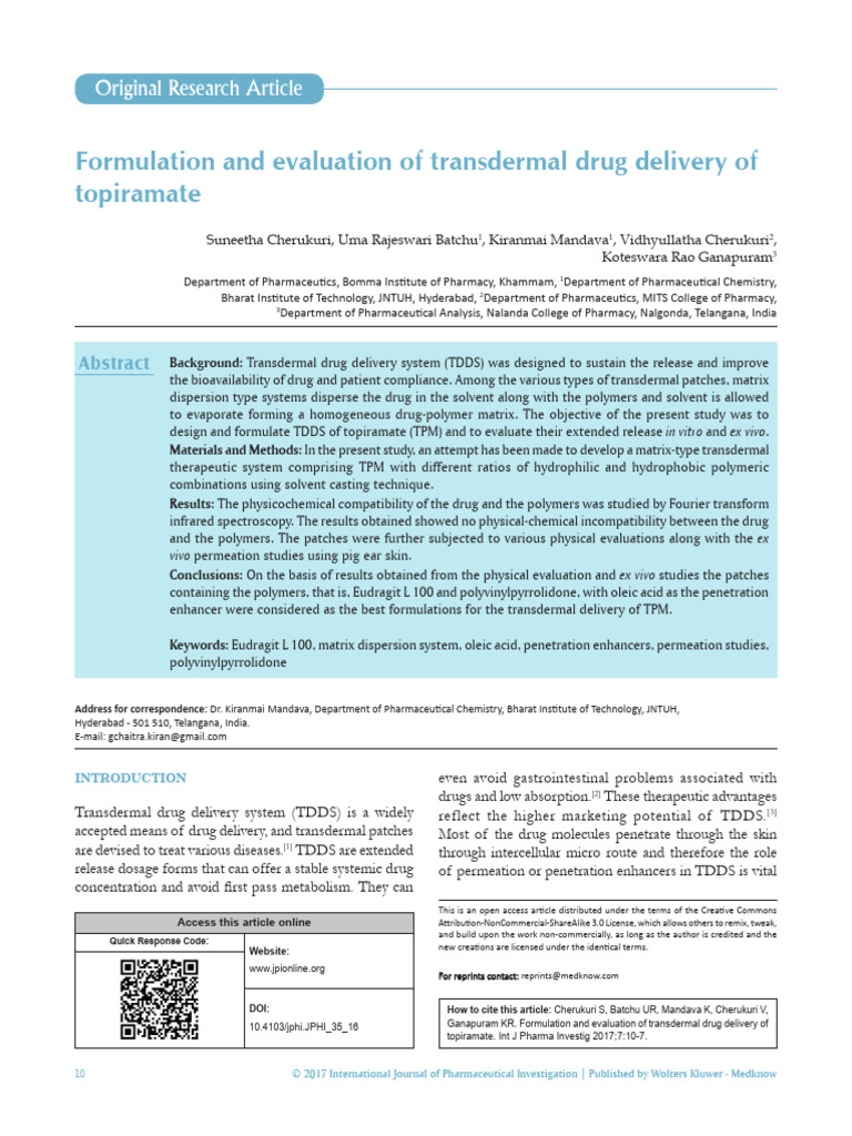 Transdermal Delivery of Topiramate Patches | PDF | Polymers ...