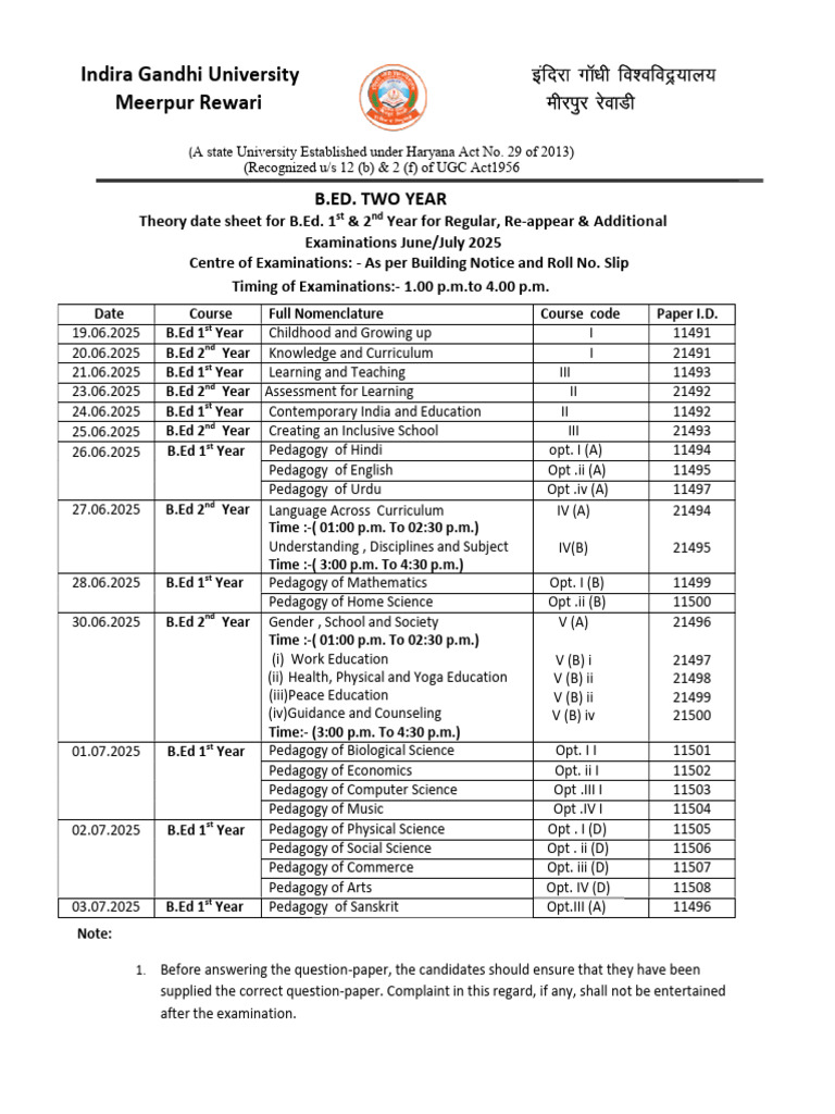 Theory Date Sheet For B.ed. 1st & 2nd Year For Regular, Re-Appear ...