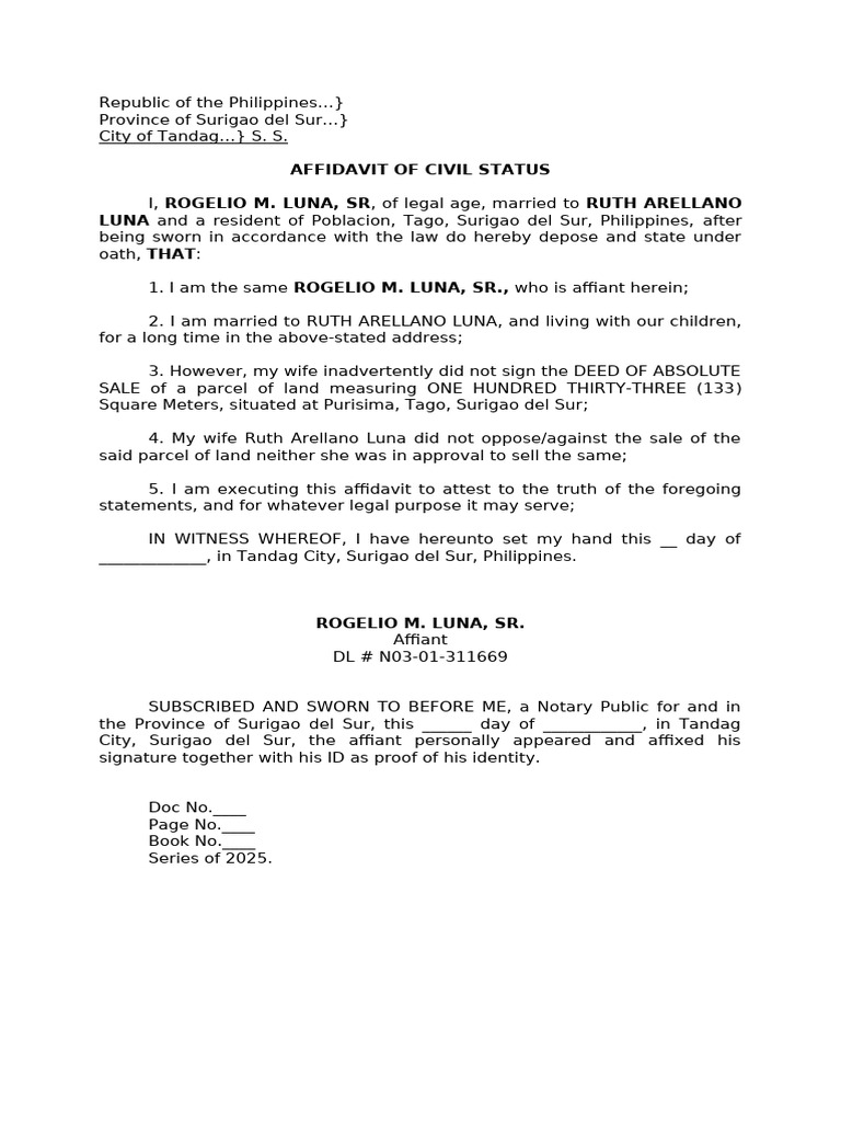 Affidavit of Civil Status - Rogelio M. Luna | PDF