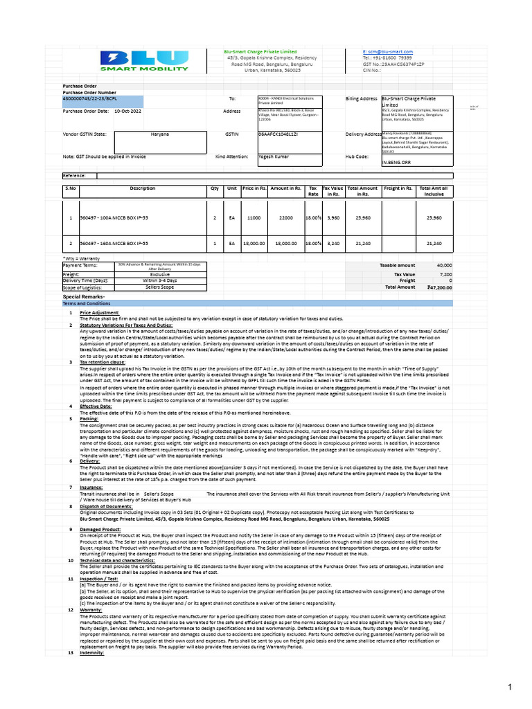 Po - MCCB Box - Orr Bengaluru | PDF | Indemnity | Legal Liability