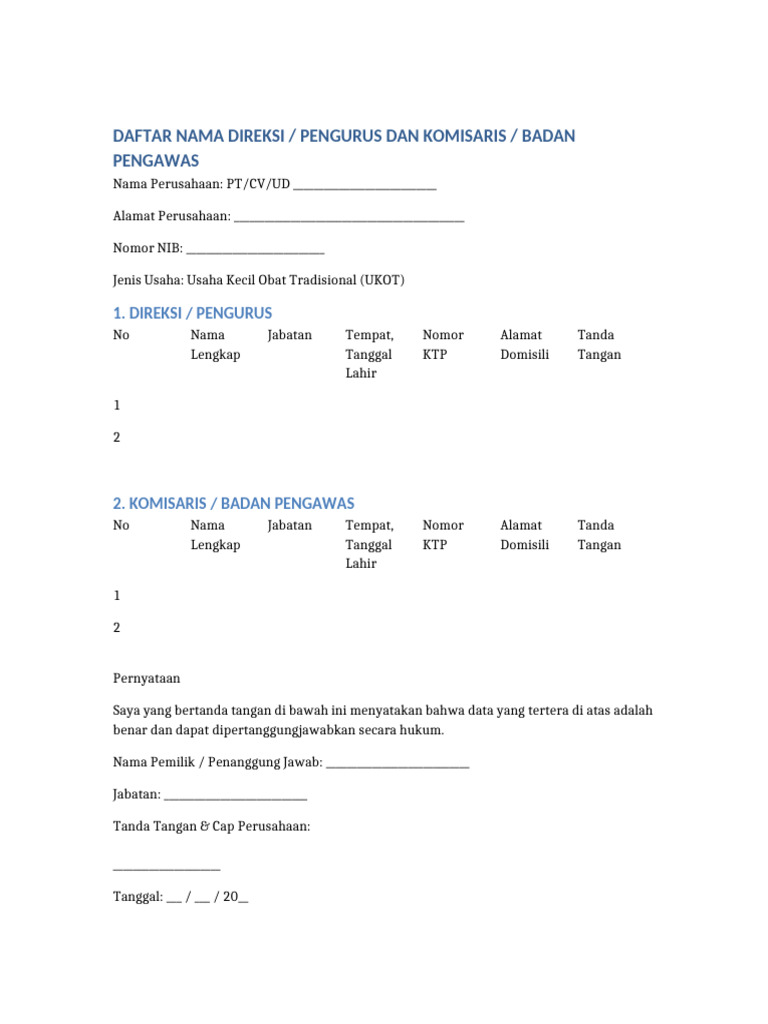 Daftar Direksi dan Komisaris UKOT | PDF