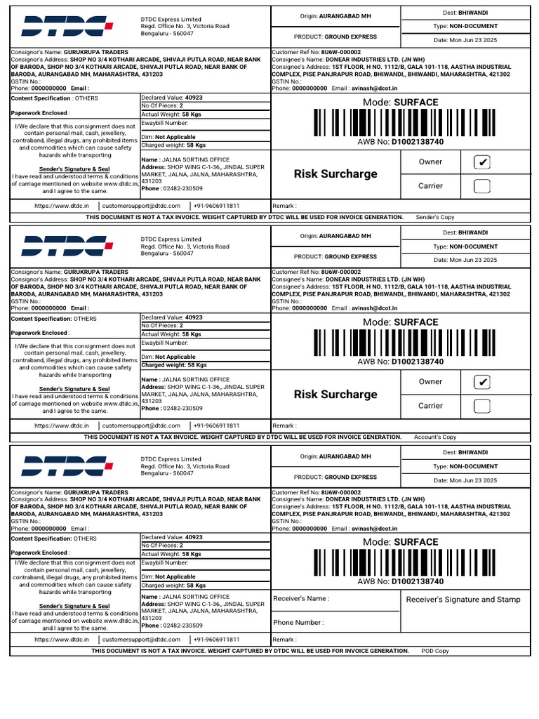 DTDC Ground Express Shipment Details | PDF | Mail