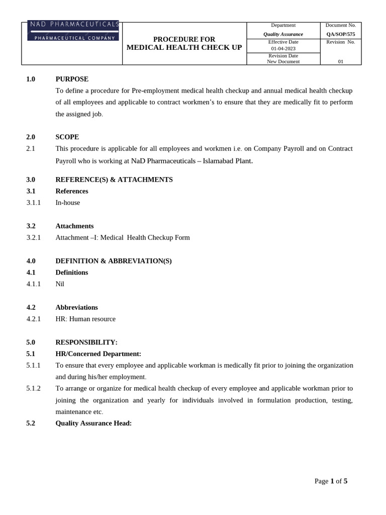QA-SOP-575 SOP For Medical Health Check Up | PDF | Physical Examination ...
