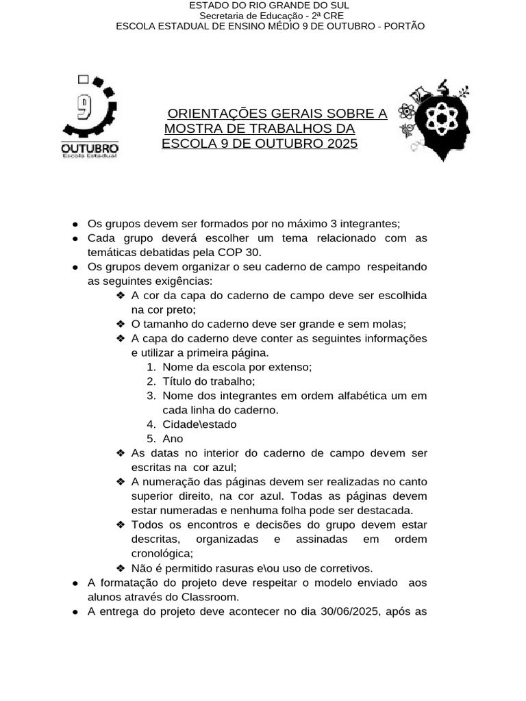 Mostra de Trabalhos 2025 - Escola 9 de Outubro | PDF