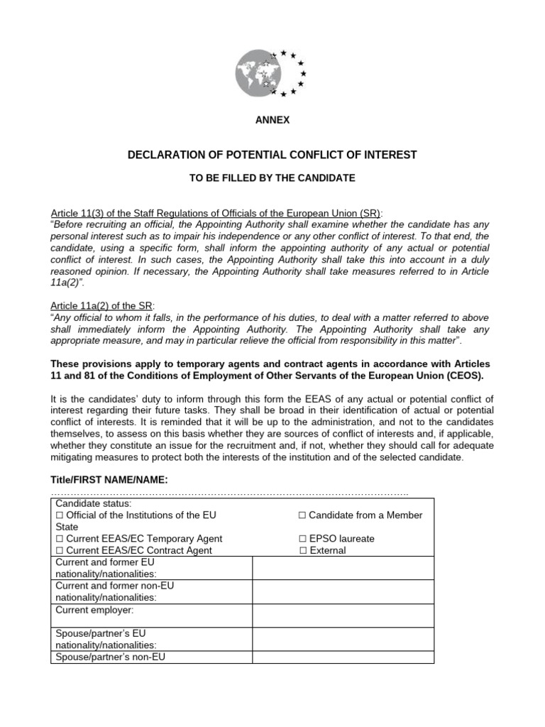 EU Conflict of Interest Declaration Form | PDF | Government | Justice