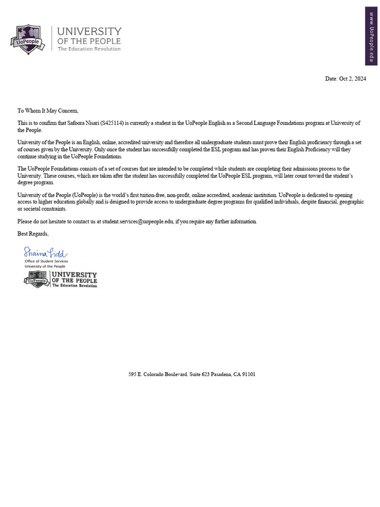 UoPeople ESL Foundations Confirmation | PDF