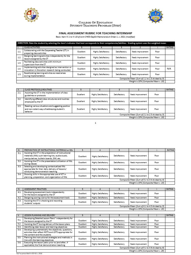 FINAL RUBRIC For Teaching Internship 2024 2025 | PDF | Lesson Plan ...