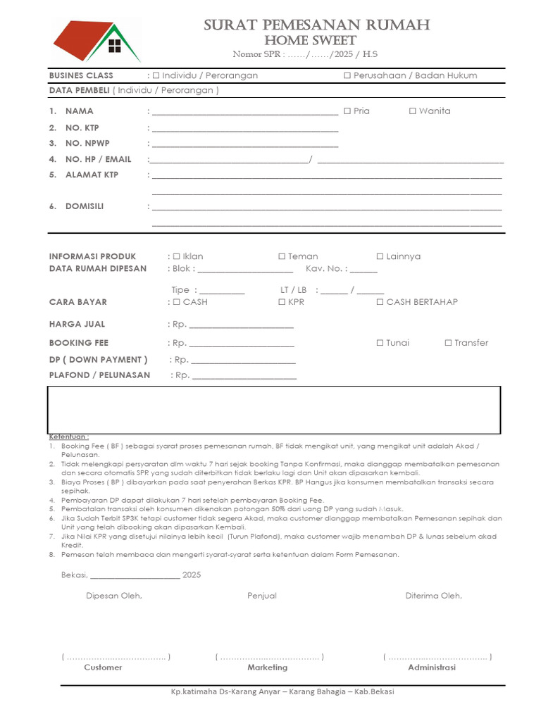 Surat Pemesanan Rumah Samasta Ciseeng | PDF