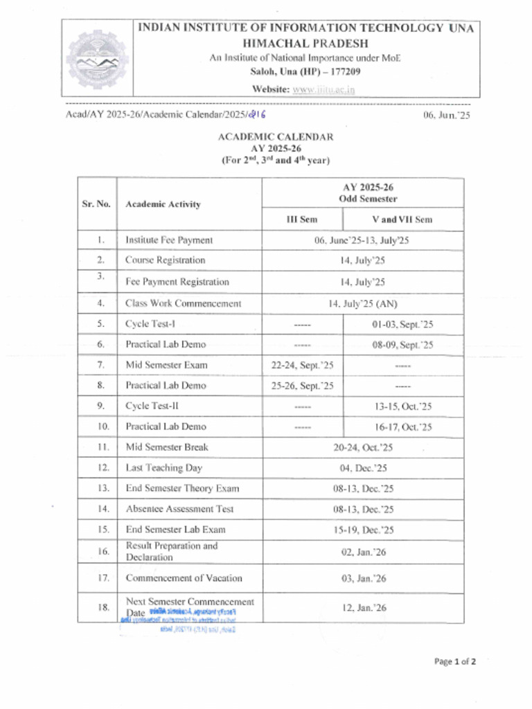 AY 2025-26 - Odd and Even Semester - Academic Calendar | PDF