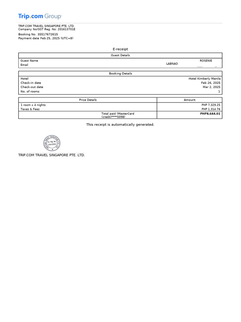 Hotel Booking 35517672615 E-Receipt | PDF