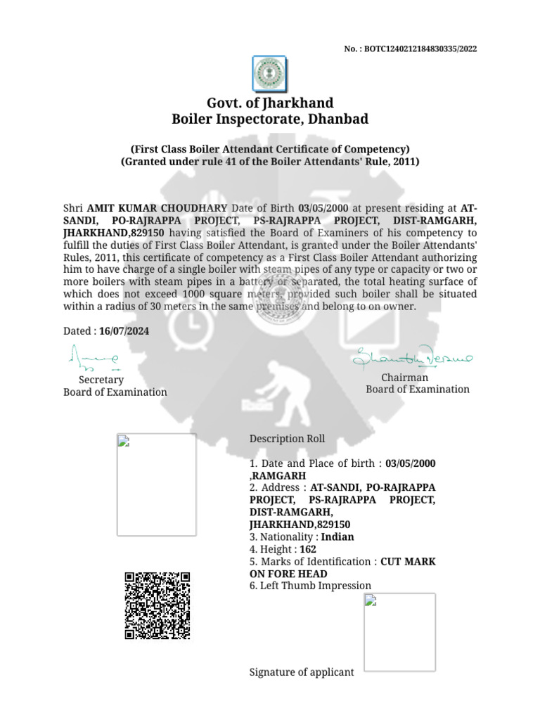 First Class Boiler Attendant Certificate | PDF
