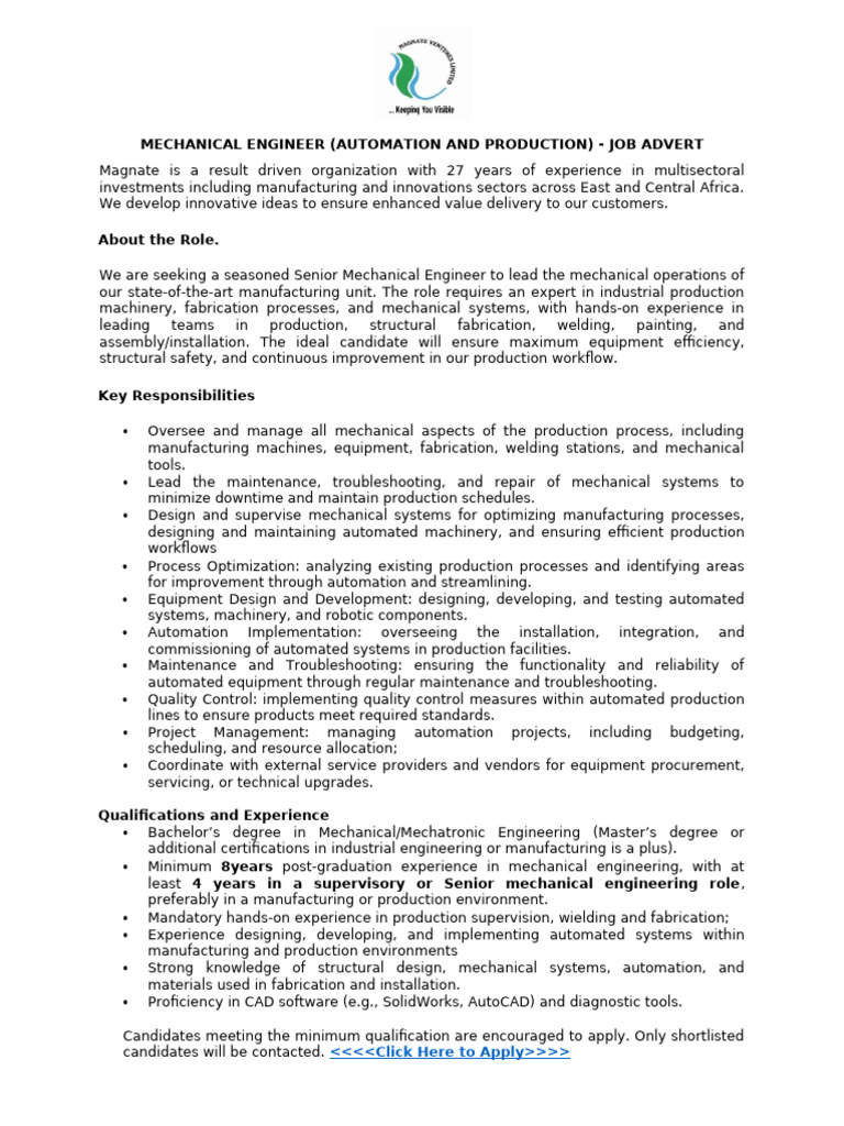 Mechanical Engineer (Automation and Production) Job Advert | PDF ...