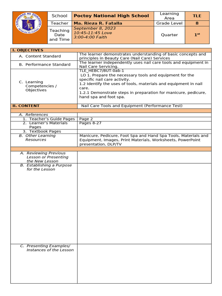 Nail Care Services Lesson Plan | PDF | Learning | Cognitive Science