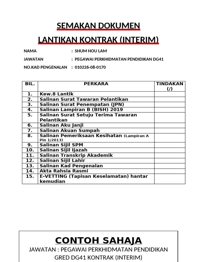 Senarai Semak Dan Kew.8 Lantikan Kontrak (Interim) | PDF