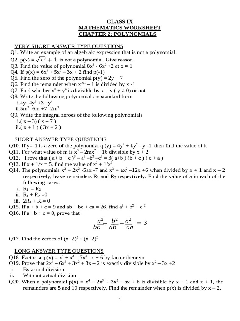 Class 9 Polynomial Worksheet Questions | PDF