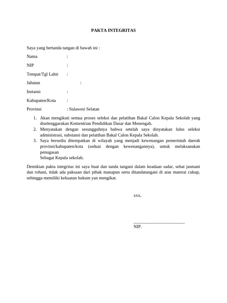 Contoh Pakta Integritas Calon Kepala Sekolah | PDF