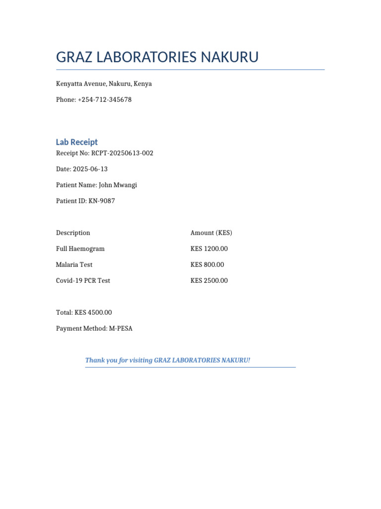 Graz Laboratories Nakuru Lab Receipt | PDF