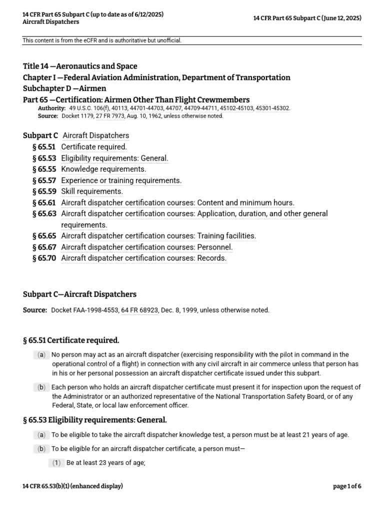 14 CFR Part 65 Subpart C (Aircraft Dispatchers) | PDF | Dispatcher ...