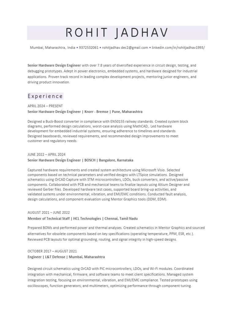 Senior Hardware Engineer Profile | PDF | Microcontroller | Electronic ...