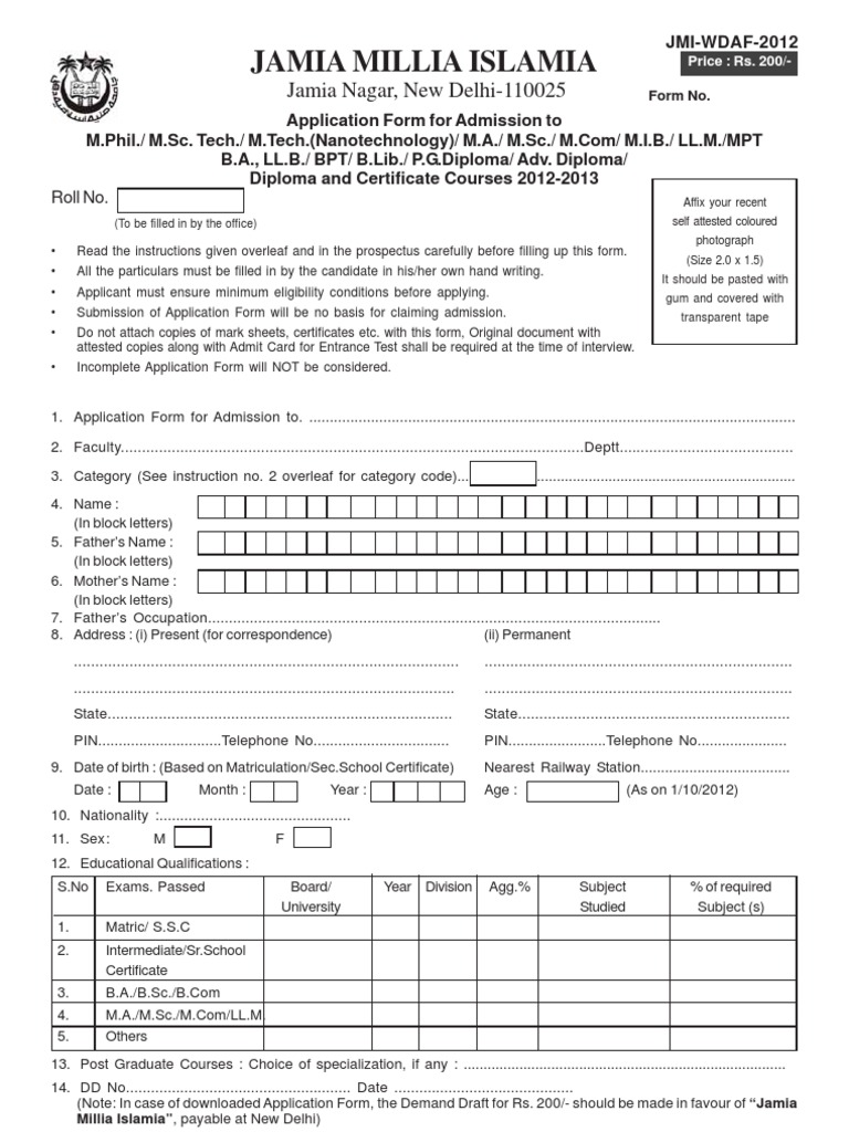 Admission Form for JMI Courses | PDF | University And College Admission ...