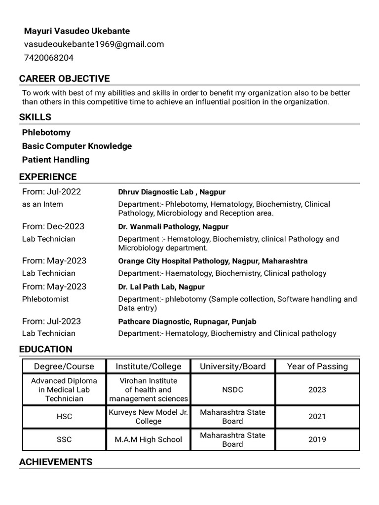 Mayuri Vasudeo's Lab Technician Profile | PDF | Clinical Pathology ...